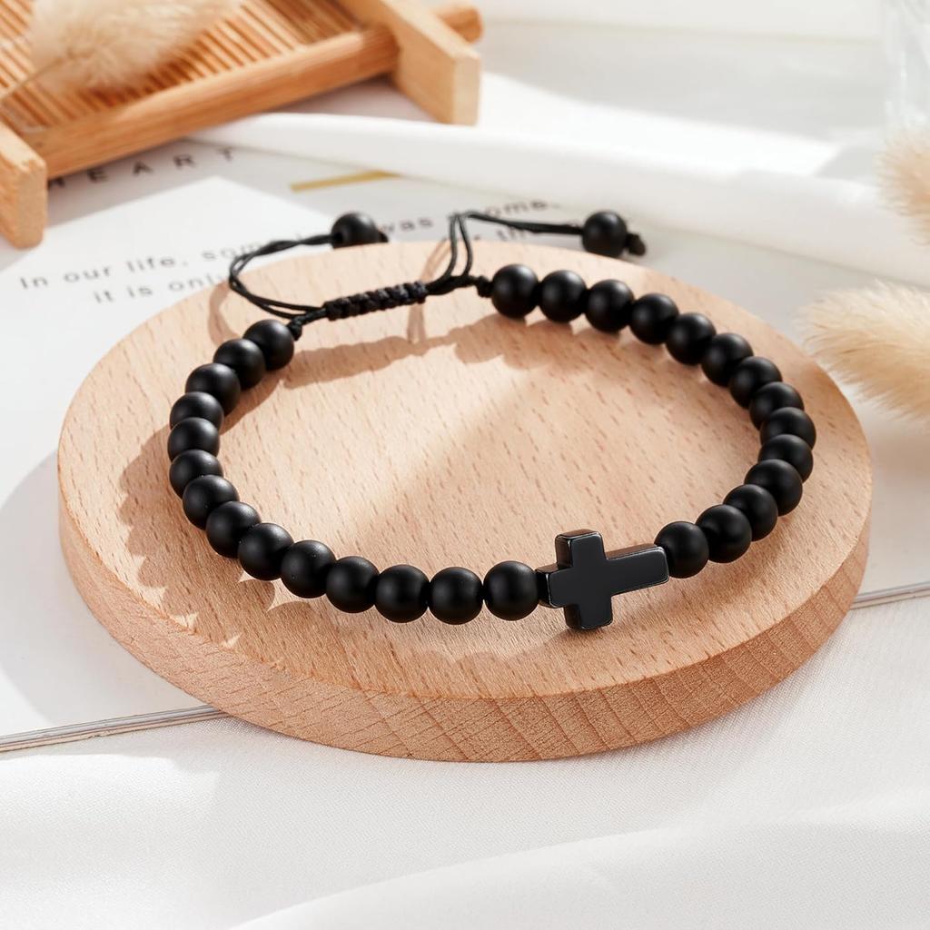 Black Onyx Stone Cross Bracelet for Men Teens Boys, Cross Jewelry Christian Gifts for Easter, Christmas, Birthday, Religious