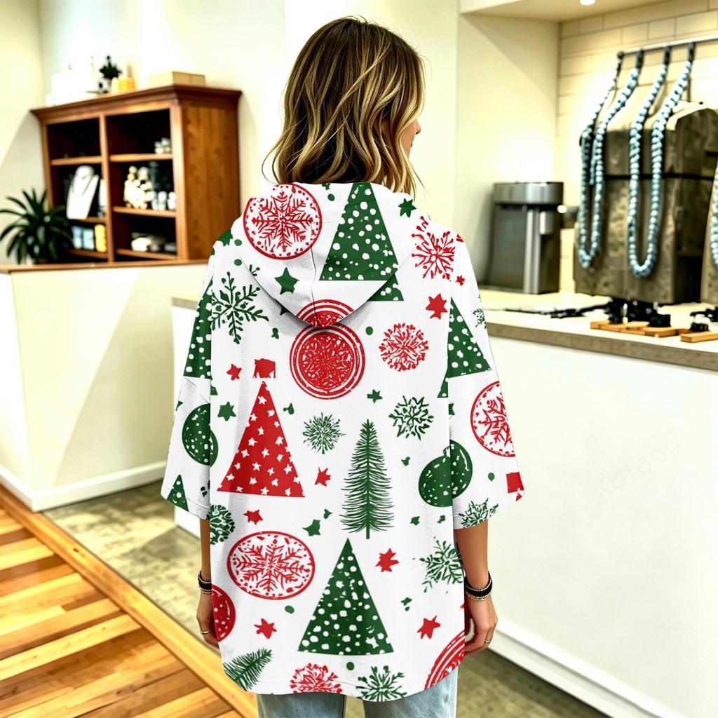 Women's Christmas Print Three-Quarter Sleeve Hooded Pullover Top