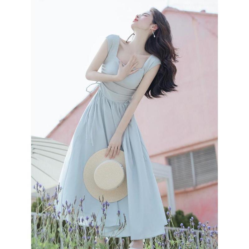 Solid Color Square Neck French Dress Long High Waist Thin Skirt Women's Summer Dress