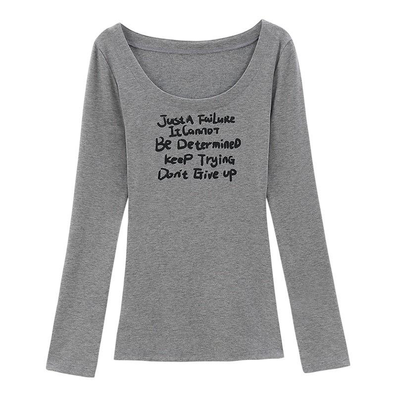 

Spice Girl Design U-Neck Letter Printed Long Sleeve T-Shirt Women s Grey Slim Inside Bottom Top Autumn s [recommendation 40-45kg ] серый