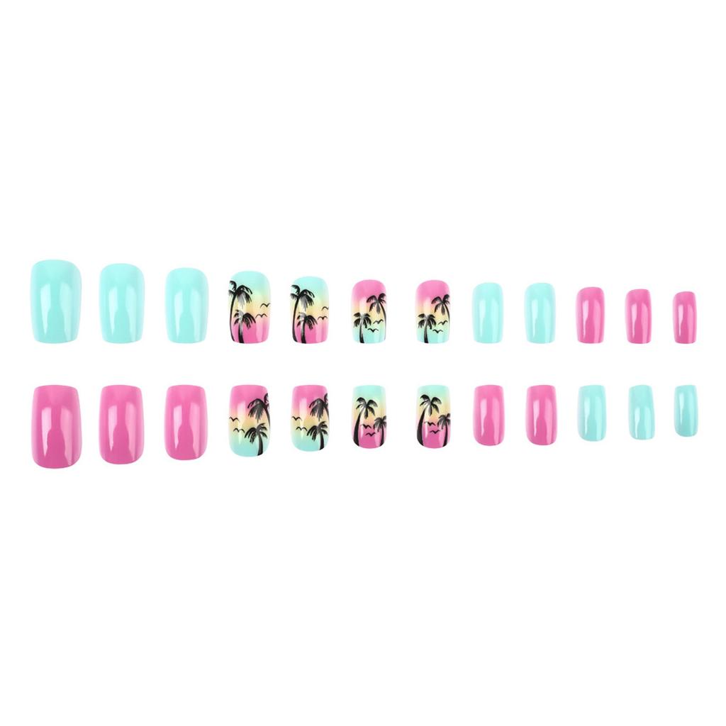 24x Short Square False Nail Coconut Tree Press On Nail Gradient Acrylic Nail Glossy Full Cover Stick on Nail for Woman