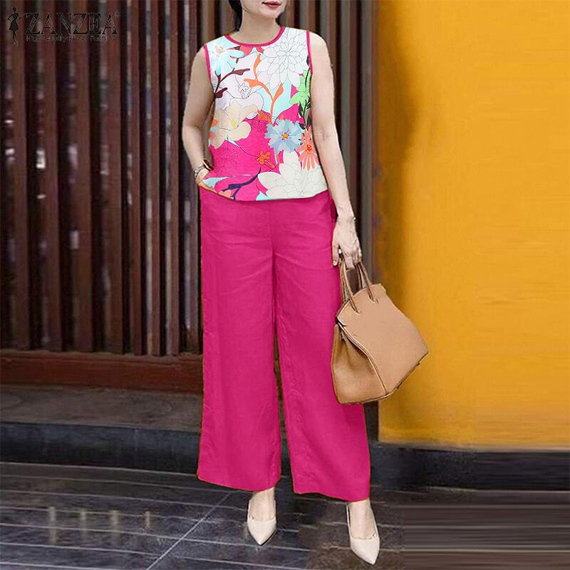 ZANZEA Women Sleeveless Print Tank Tops and Pants Summer Two Piece Suit Sets