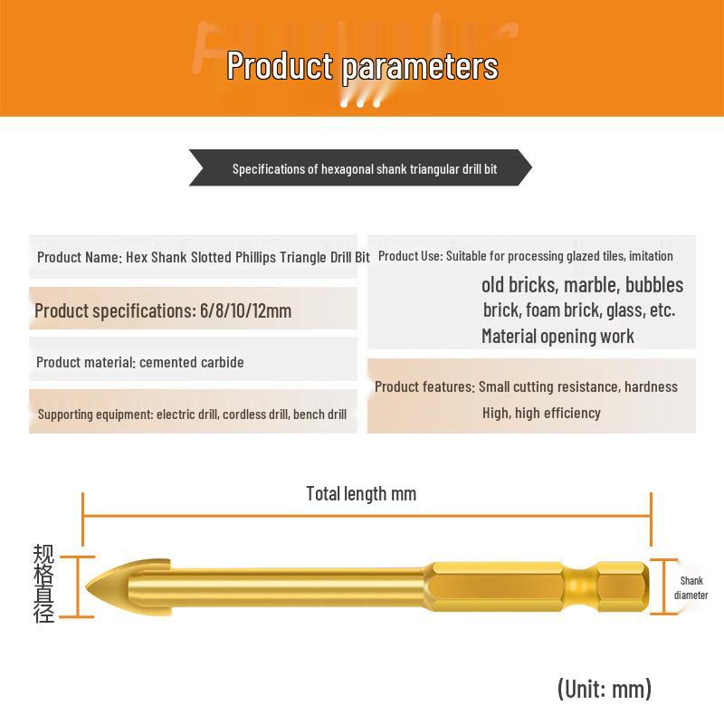 Hex Shank Triangle Drill Bit for Tile - Carbide Threaded Cross Twist for Hole Drilling