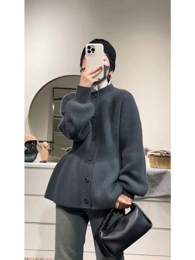 

Корейский ретро шерстяной кардиган с полувысоким воротником и рукавами-фонариками для женщин M