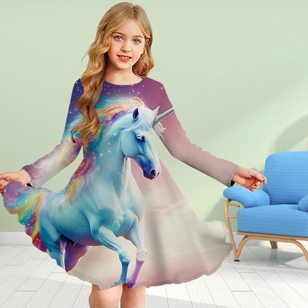 Girl Casual 3D Print Pink Crystal Unicorn Round Neck Long Sleeve Dress Kid Princess Dress