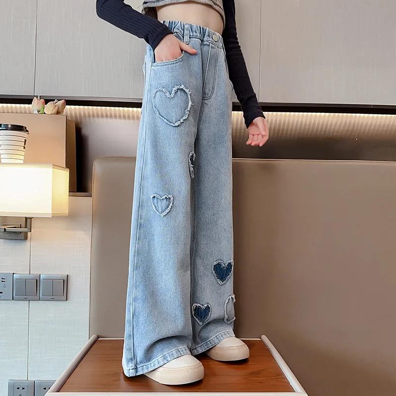 Kids Jeans Denim Wide-leg Pants with Ruffled Edges Girl Jeans Girls Trousers Girls Clothes Ripped Jeans
