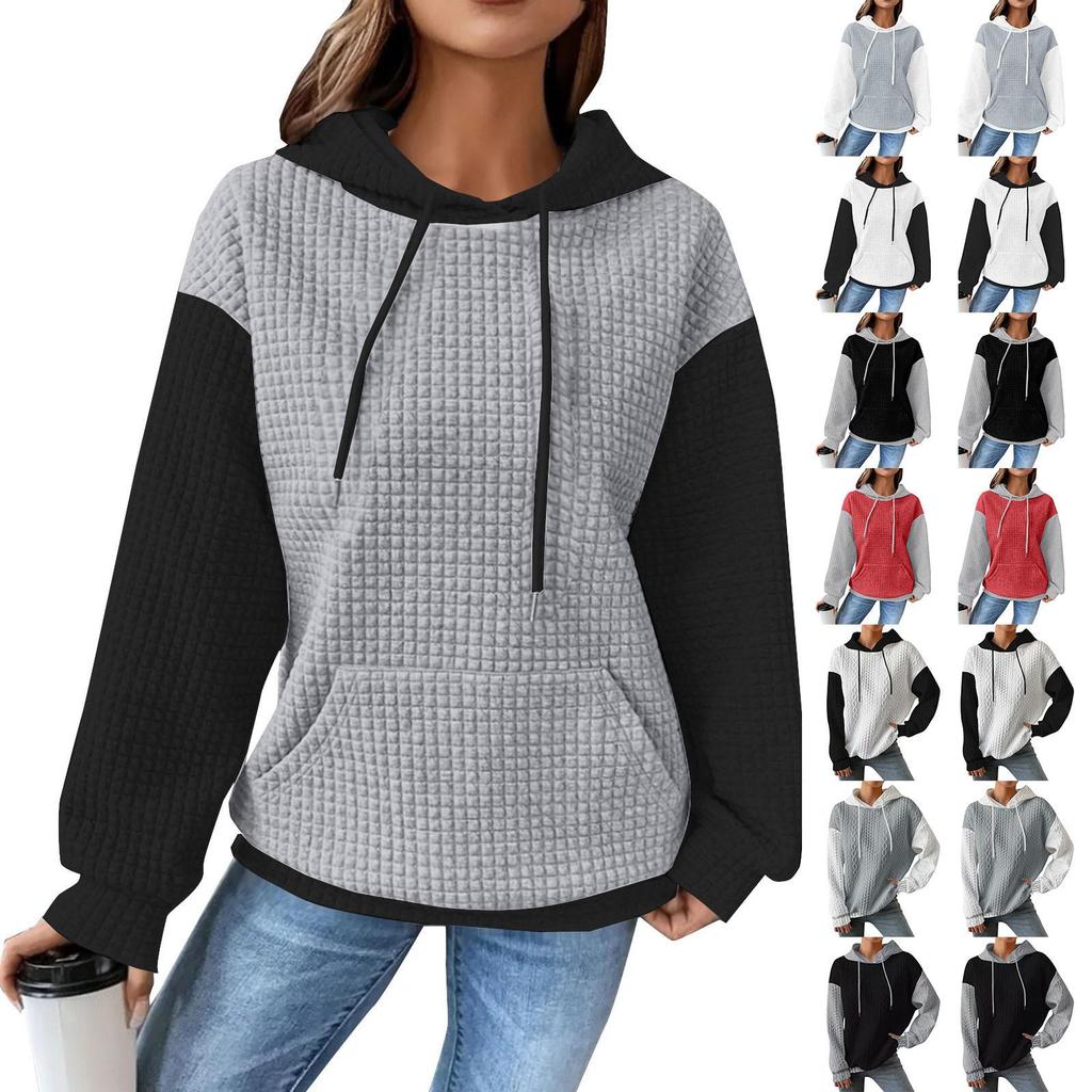 Top a manica lunga con cappuccio, stile casual, a blocchi di colore, a quadri, con coulisse e tasca
