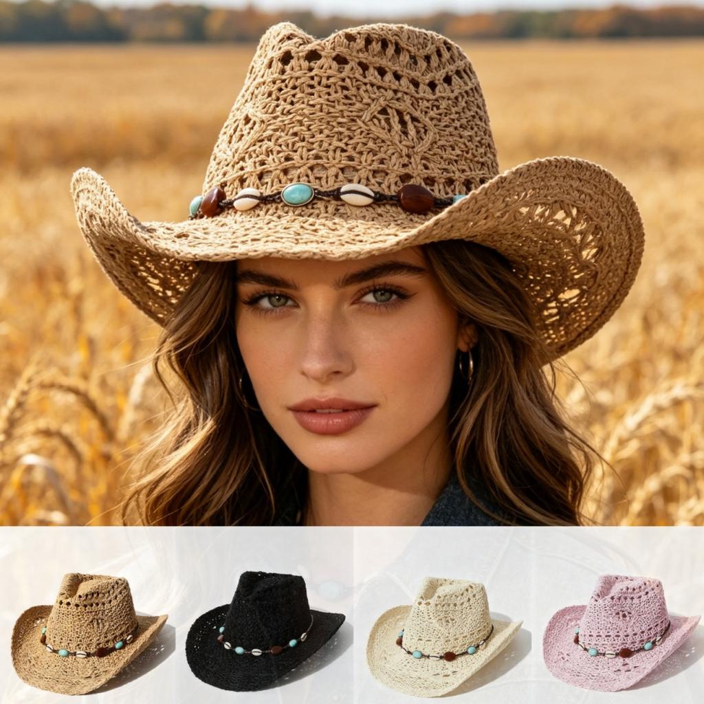 Spot Hollow Woven Beaded Accessories Western Cowboy Hat Cowboy Hat European and American Vacation Sunscreen Straw Hat