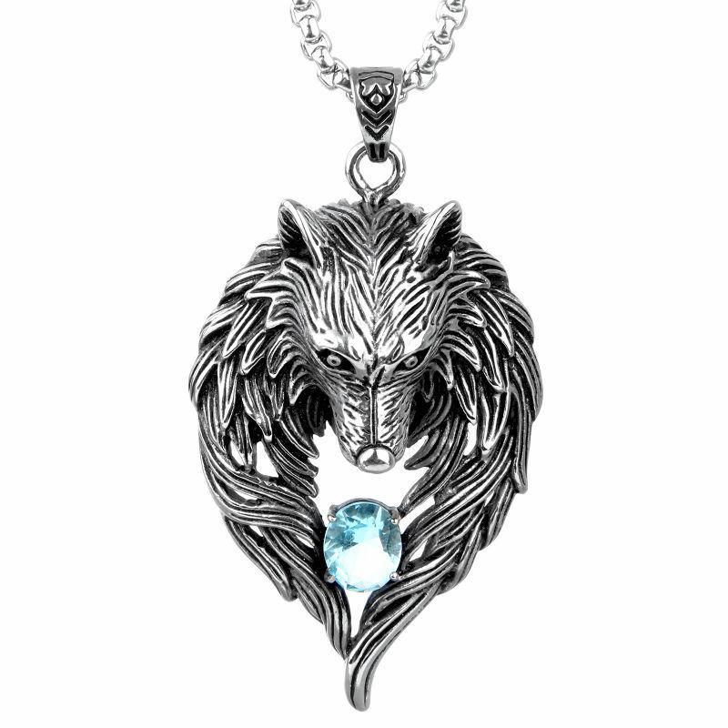 

Rock Wolf Totem Diamond Set Big Wolf Head Mens Fashion Necklace Pendant