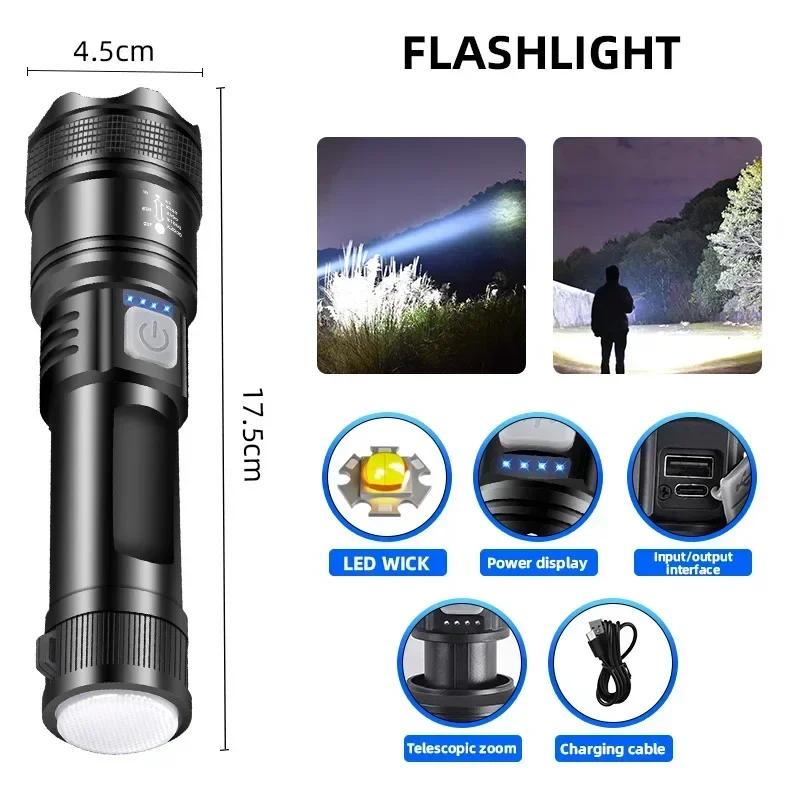 High Power LED Flashlights Built-in Battery USB Rechargeable Strong Hand Light Multifunctional Torch Lamp For Emergency Camping
