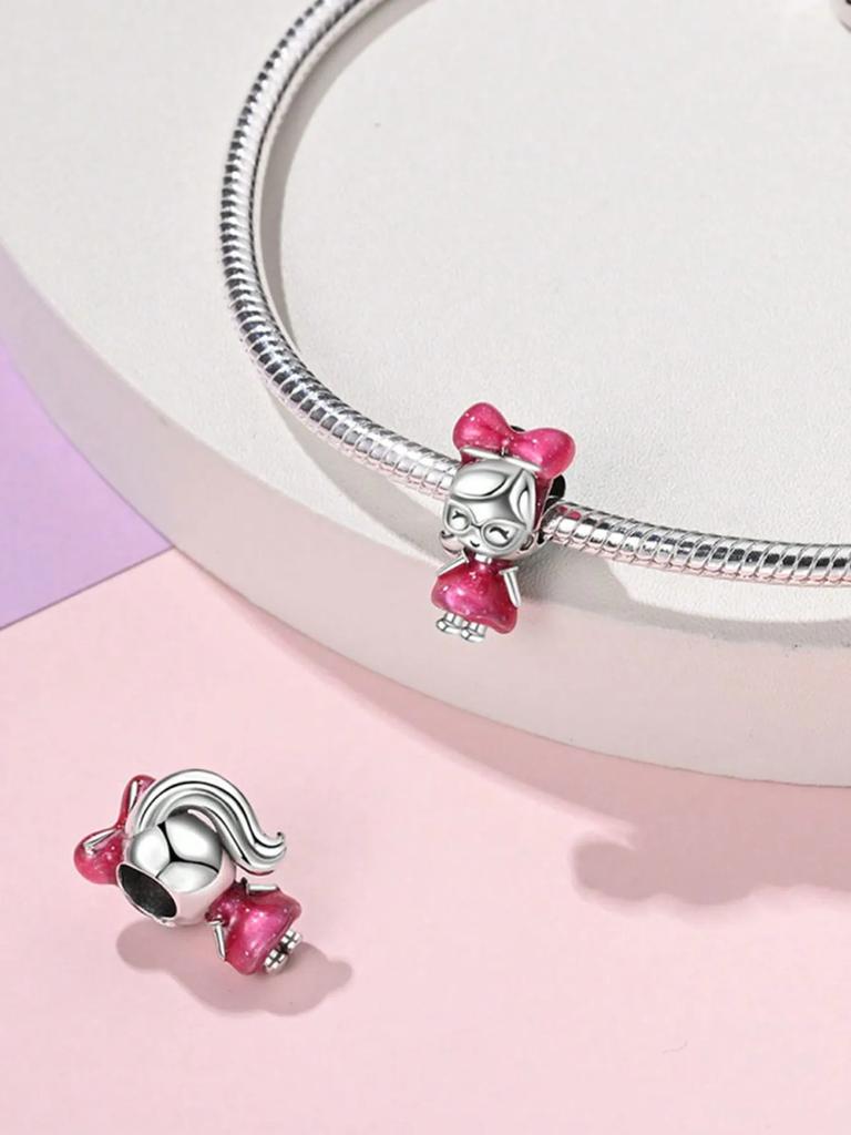 Charm Plata Copper Colors Pink Bow Heart Bead Charms Pendants For Genuine Bracelets For Women DoItYourself Jewellery Love Gifts