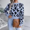 Leopard Print Knitted Crop Sweater Women Autumn Winter Long Sleeve O Neck Nipped Tops Sizes S to L