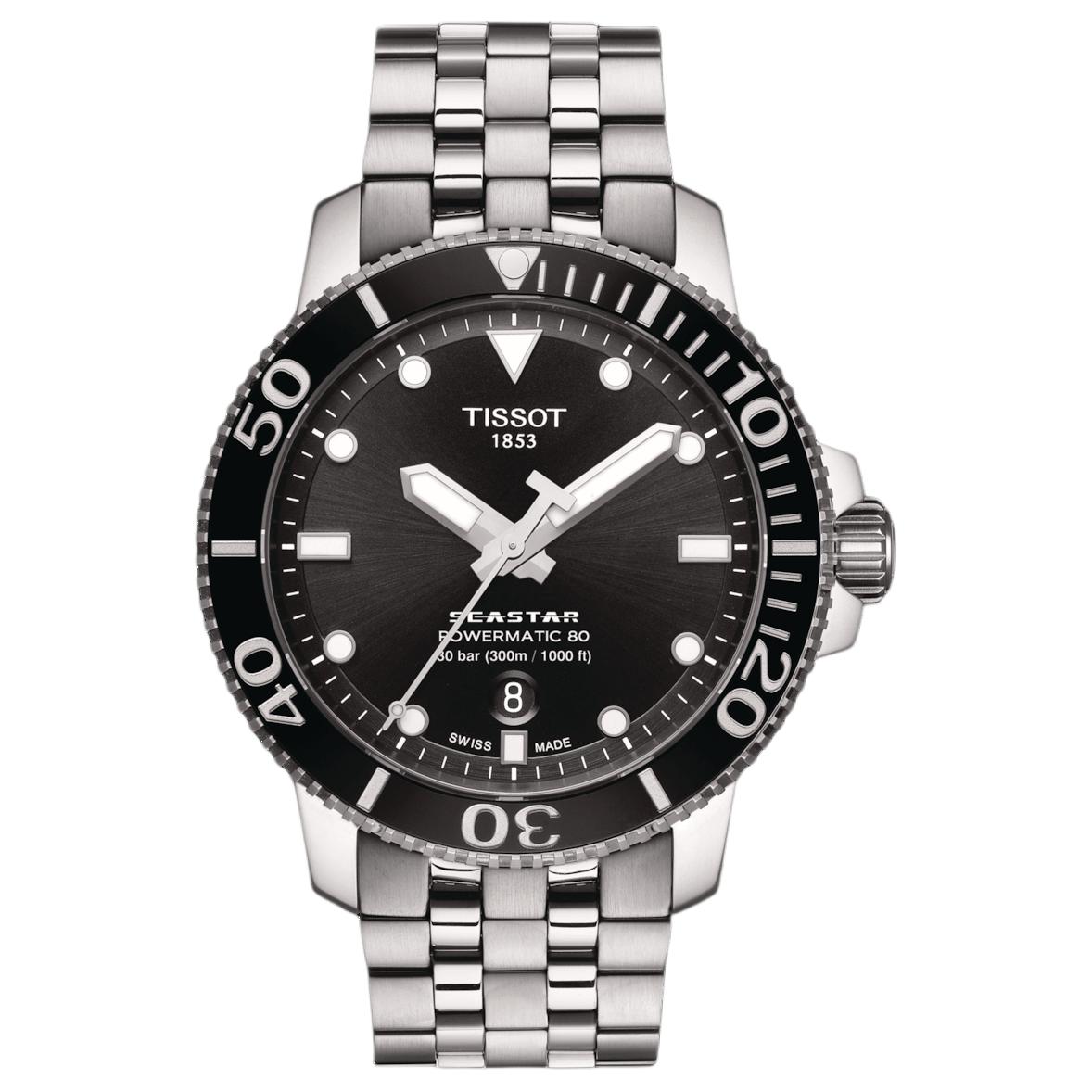 Tissot Men's Black Seastar Automatic Mechanical Movet Date Display Luminous Diving Watch 43Mm Dial Stainless Steel Bracelet T120.407.11.051.00