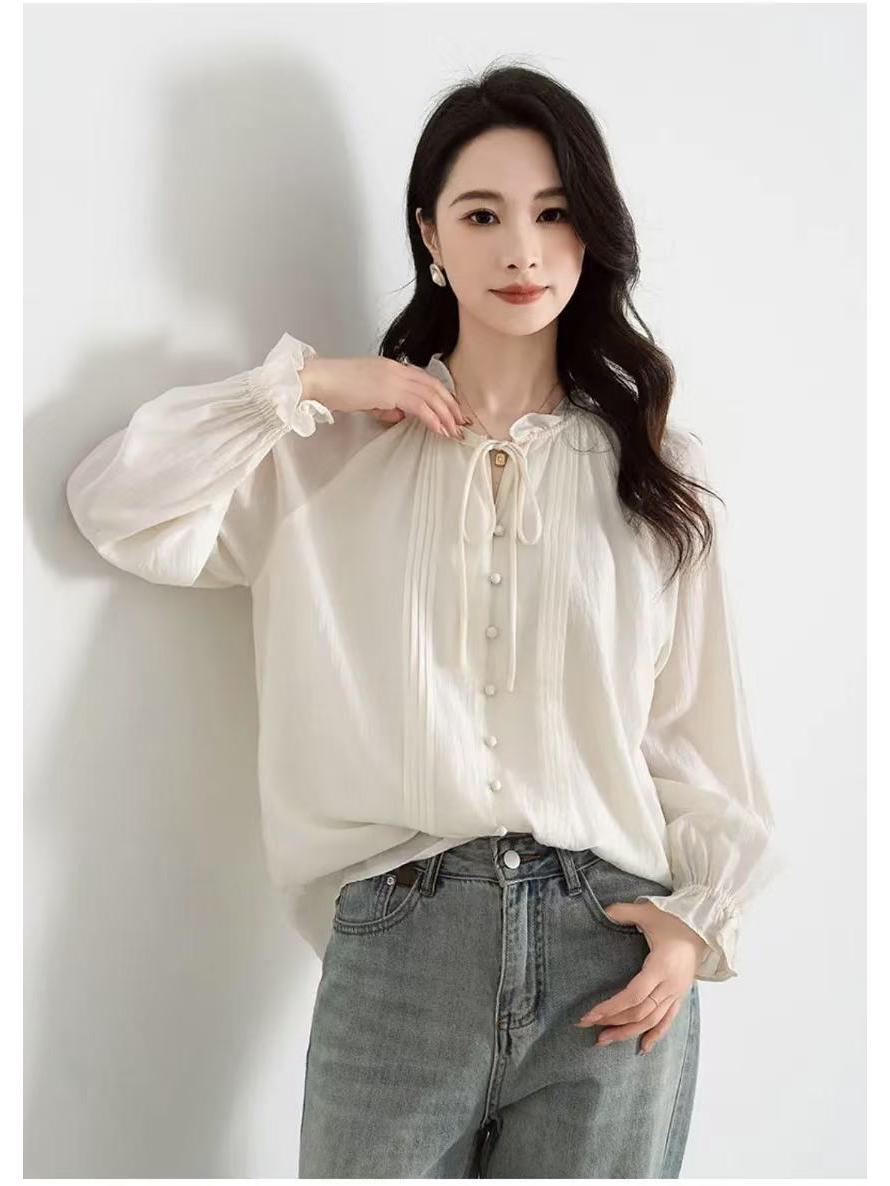 

Шифоновая блузка в корейском стиле: Воротник-стойка, Завязка, Длинный рукав, Приталенный фасон для женщин - Весенняя коллекция 2025 Large бежевый