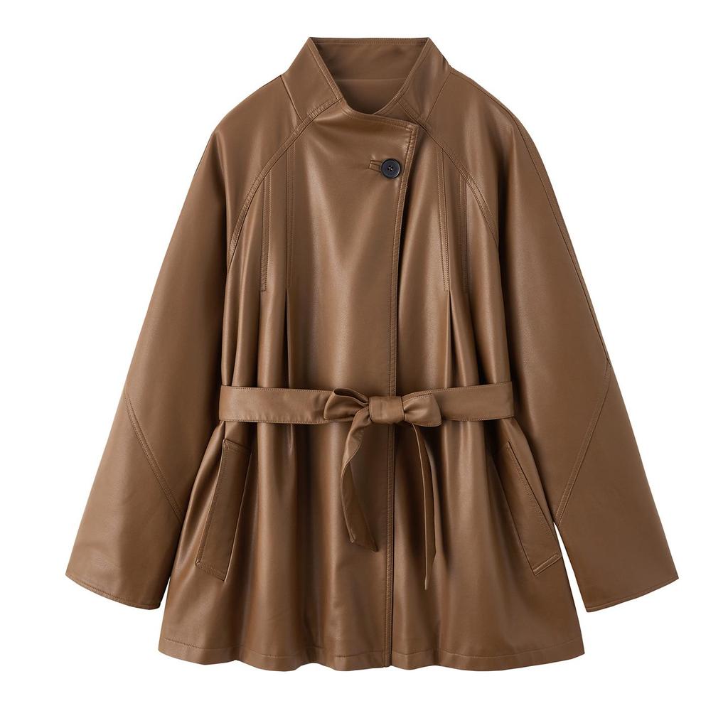 Women's Mid-Length Sheepskin Leather Motorcycle Jacket - Retro and Loose, Perfect for Spring and Autumn