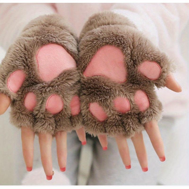 Women Cute Cat Claw Paw Plush Mittens Warm Soft Plush Short Fingerless Fluffy Bear Cat Gloves Costume Half Finger Party Gift