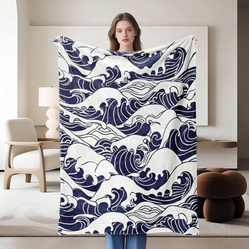 1 Stück blau-weiß gestreifte Flanelldecke mit Wellenmotiv, weich, geeignet für Sofa, Bett, Büro, ganzjährige Nutzung.
