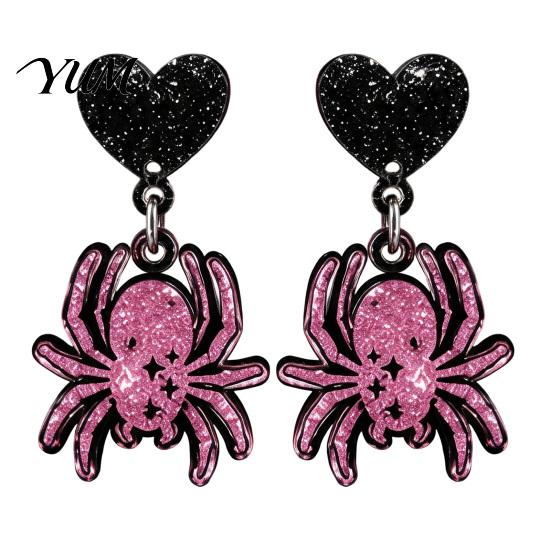 Alternative Fashion Earrings 1 Pair Halloween Theme Acrylic for Women, Gothic Pink Spider Flame Pattern Drop Dangle Earrings, Spooky Holiday