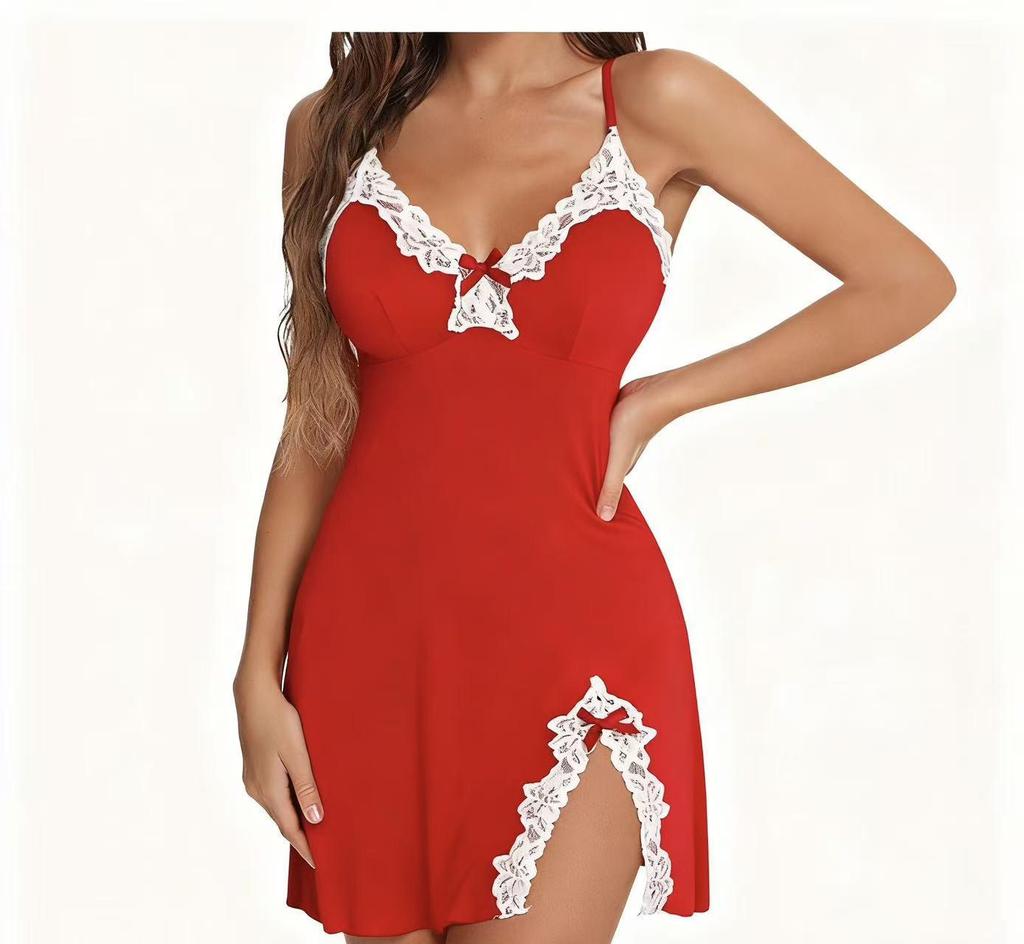 Elegantes Übergrößen-Nachthemd mit tiefem V-Ausschnitt, Spitze, Schleife und Schlitz