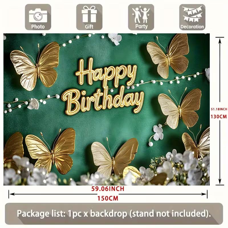 2D Green Gold Butterfly Happy Birthday Backdrop Party Background Banner