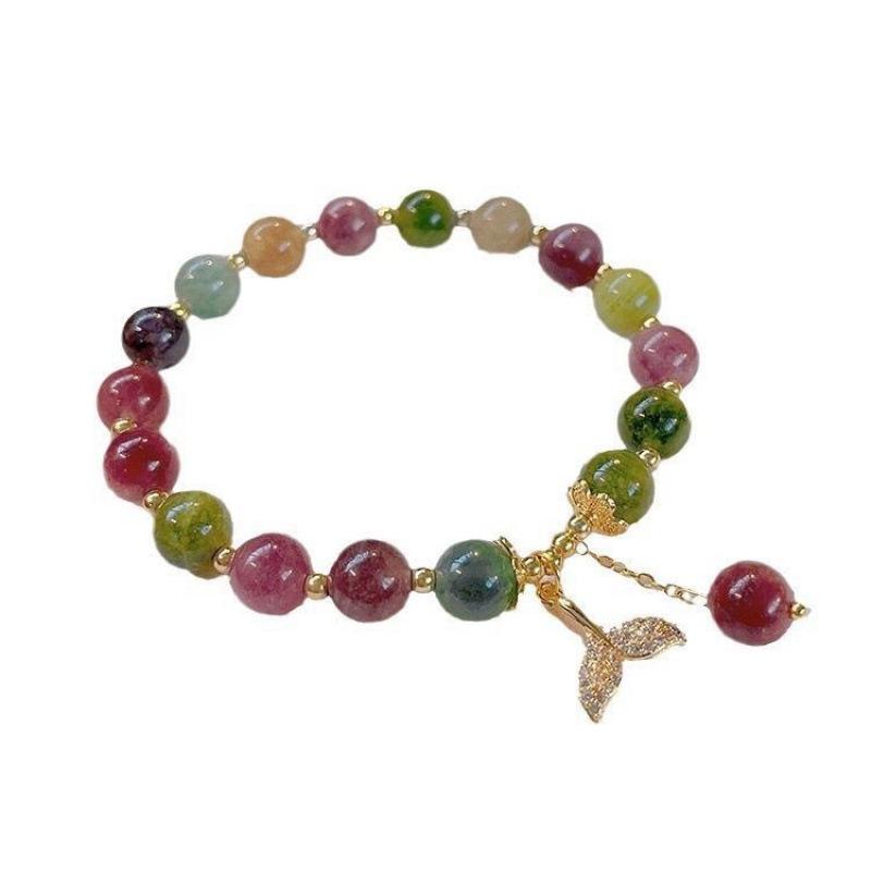 Women's Luxury Natural Stone Tourmaline Bracelet with Whale Tail Tassel Pendant - Seven-Color Handcrafted Jewelry Gift for Girlfriend