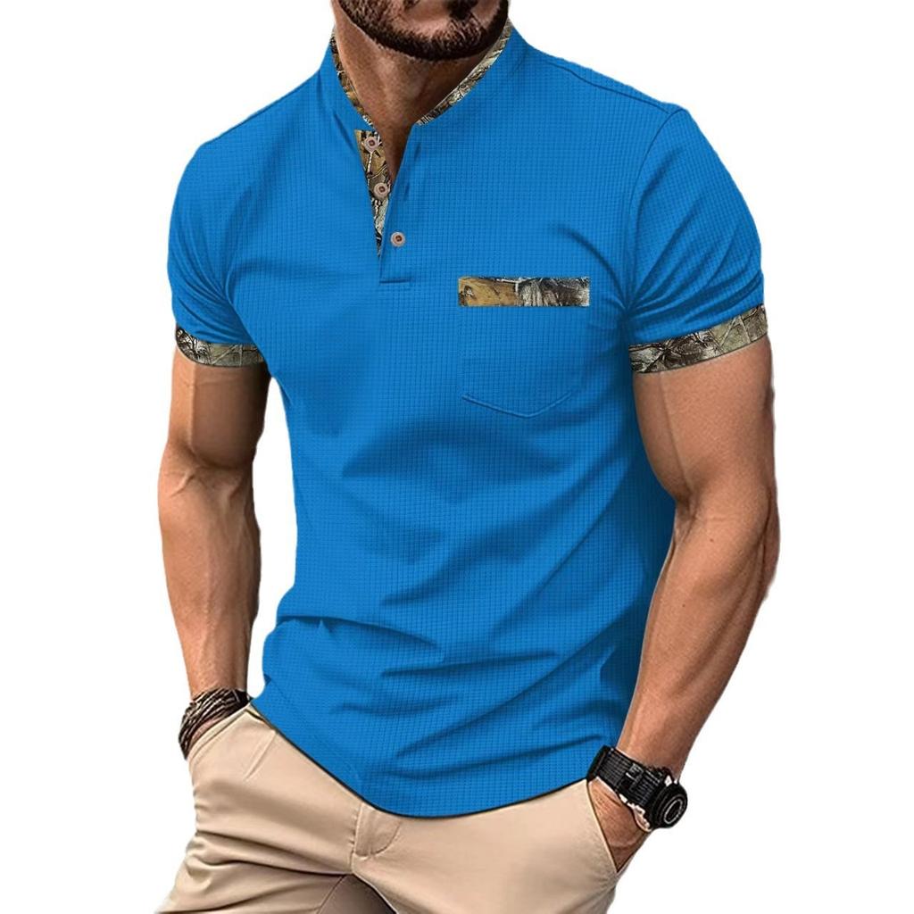 Neues Herren-Freizeit-Poloshirt mit Brusttasche, kleinem Stehkragen, Knopfleiste und vielseitigem T-Shirt-Oberteil