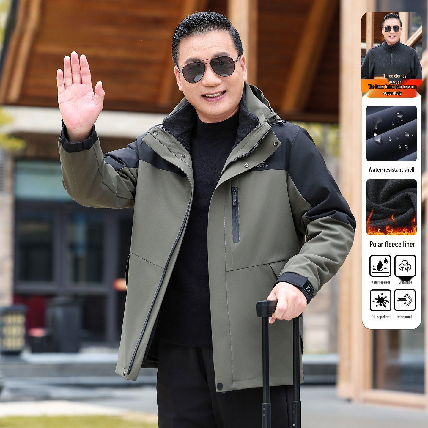 

Men s Fleece-Lined Jacket for Dad and Grandpa, Autumn/Winter Three-in-One Outerwear 185/100A for 140-155 kg