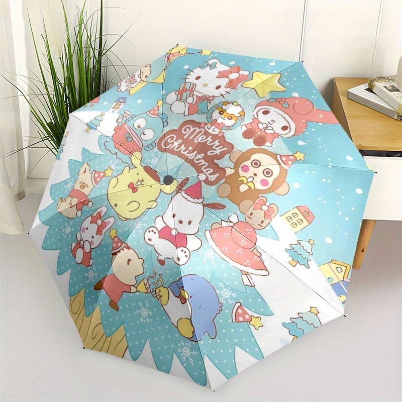1pc Christmas Tree Hello Kitty and Friends Pattern Beautiful Looking Automatic Folding Umbrella, 3 Folding, 8 Pole Frame Design, Durable and Suitable