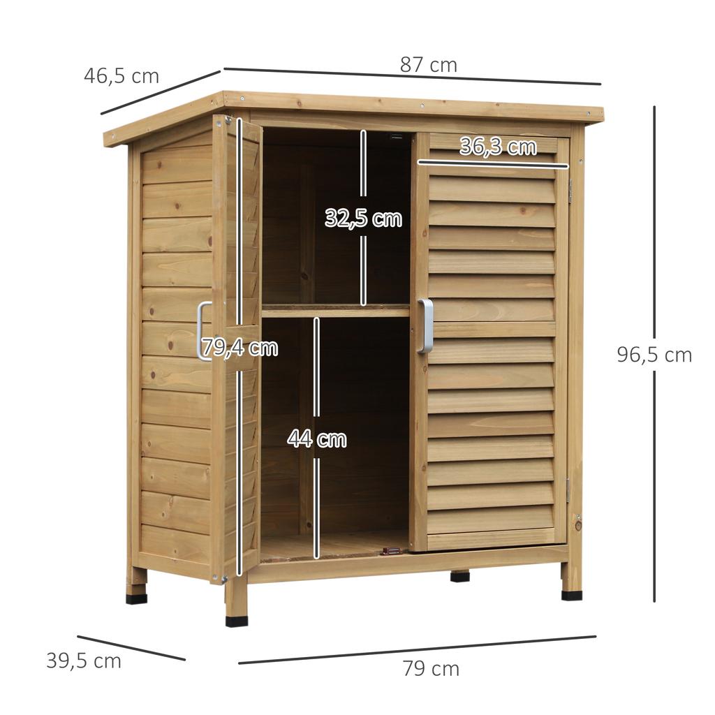 Garden Shed Wooden Garden Storage Shed 2 Door Unit Solid Fir Wood Garage Tool Organisation Cabinet, 87L X 46.5W X 96.5Hcm, Natural