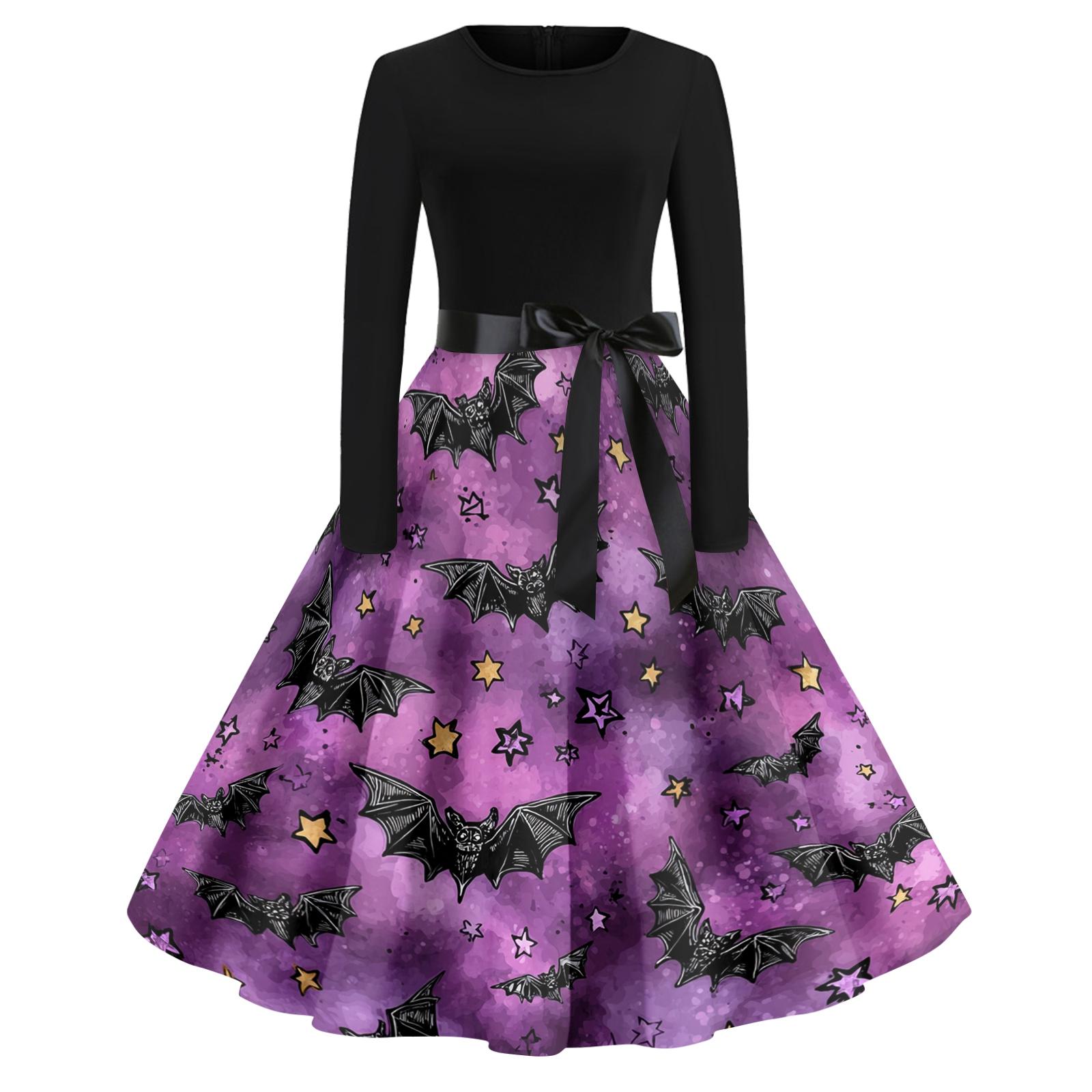 

Women s Casual Fashion Round Neck Halloween Printed Vintage Dress L
