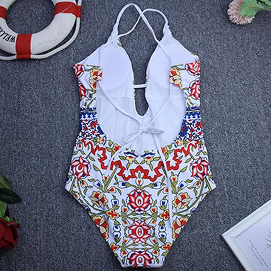 Floral Halterneck Backless Lace-up One-Piece Swimsuit for Women