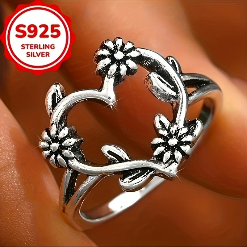 Fashion S925 Sterling Silver Antique Silver Heart-shaped Carved Flower Ring for Women Wedding Engagement  Gift