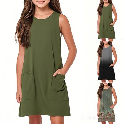 Girls Casual Sleeveless Solid Color Dress