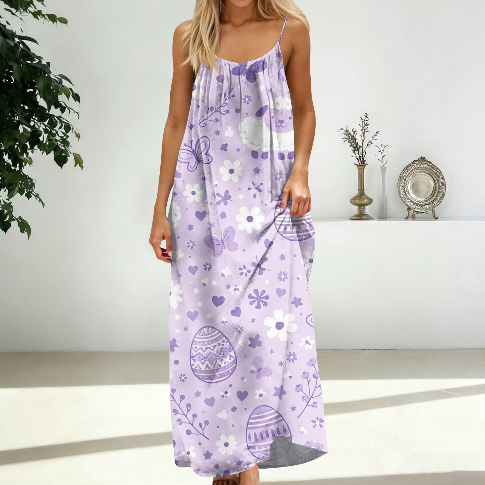 

Women s Fashion Backless Spaghetti Strap Casual Loose-Fit Easter Print Dress XXL