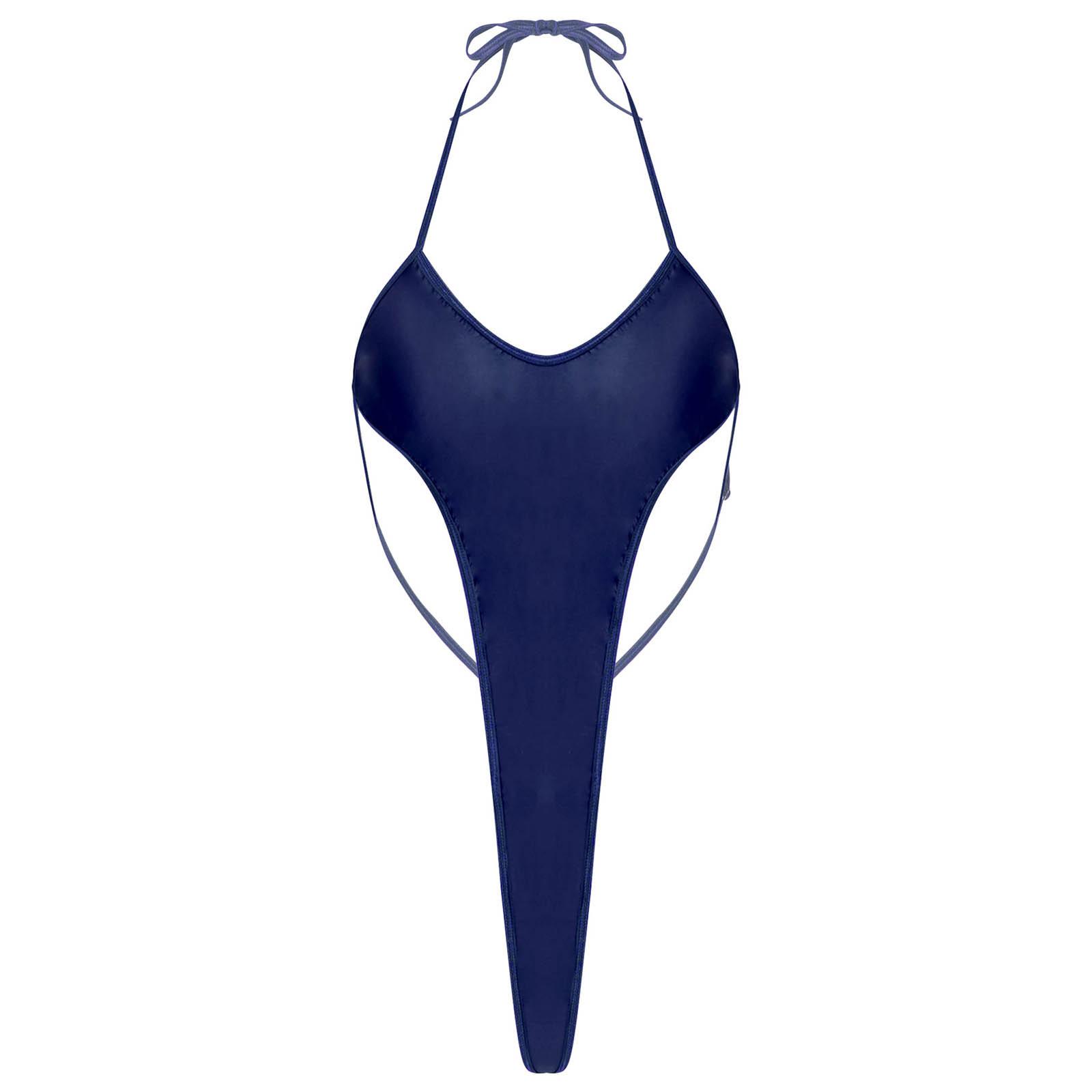 

Женский купальник с открытой спиной и бретельками через шею, глянцевый боди, цельный наряд для вечеринки у бассейна One Size темно-синий