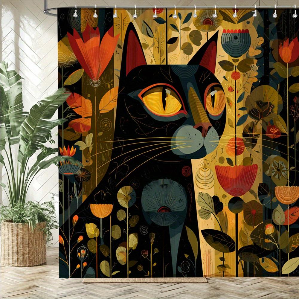 Artistic Black Cat Floral Waterproof Mildew-Resistant Shower Curtain - Unique Design for a Stylish Bathroom Décor Experience