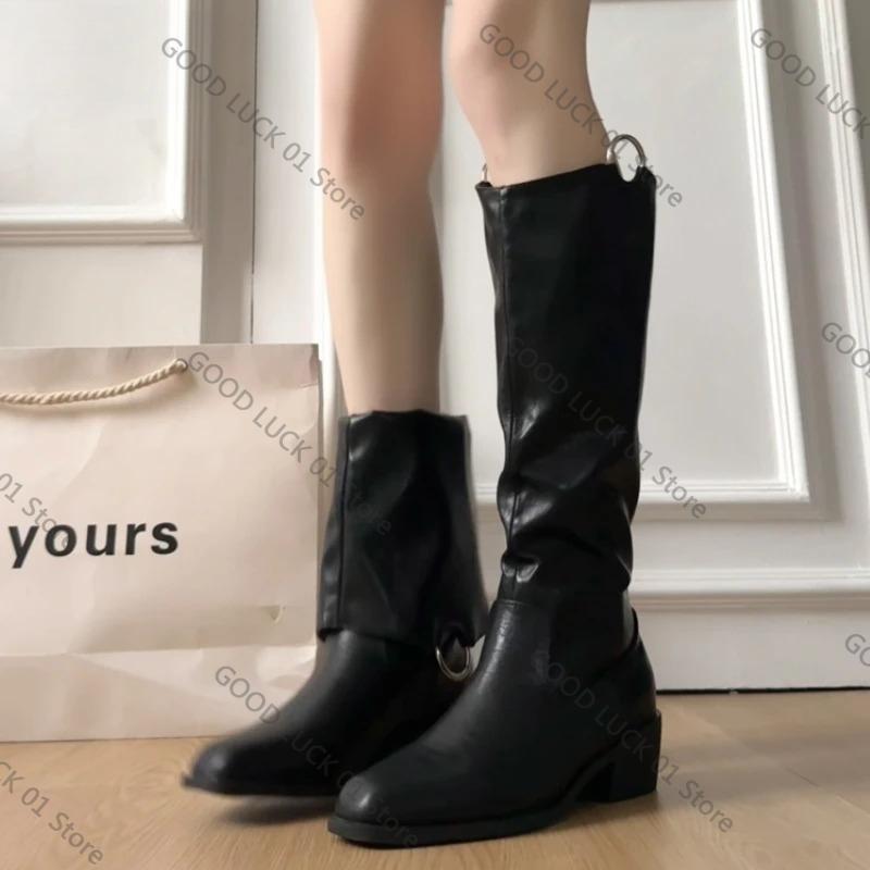 Fashion 2025 Winter Vintage Women Knee High Boot Concise Slip On Thick Heel Shoes Square Toe Knight Long Booties