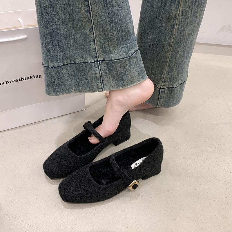 Designer Square Toe Woman Mary Jane Shoes Elegant Thick Heel Dress Shoes Outdoor Comfortable Fleece Lined Ladies Pumps Shoes