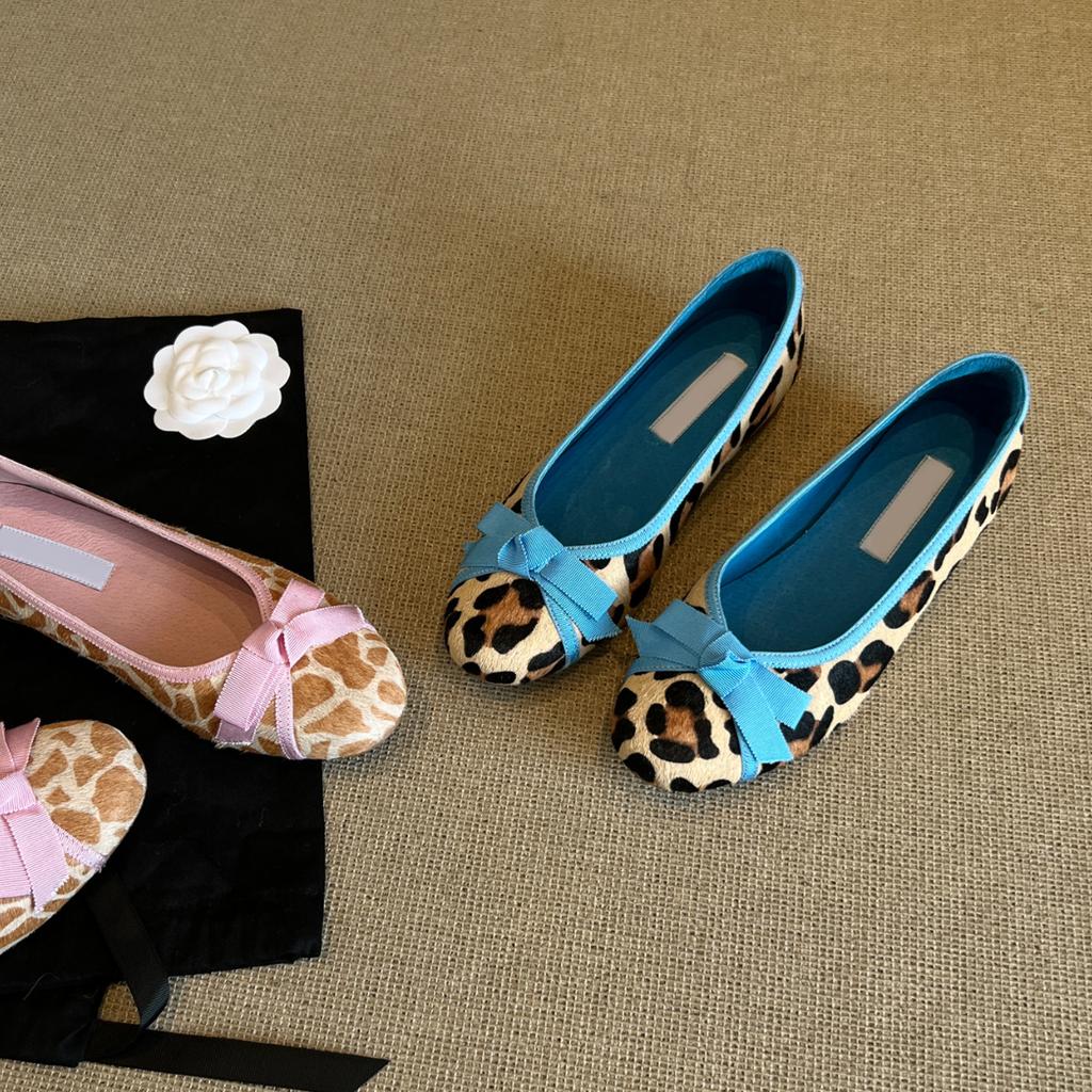 Sheepskin Version~ French Evening Breeze Bow Leopard Print Single Shoes Round Head Ballet Shoes One Pedal Shallow Mouth Flat Shoes Women