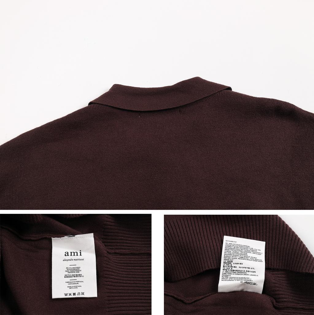 AMI New Polo Collar Knitted Sweater Jacquard Couple Wool Sweater Classic Small White Heart Embroidery