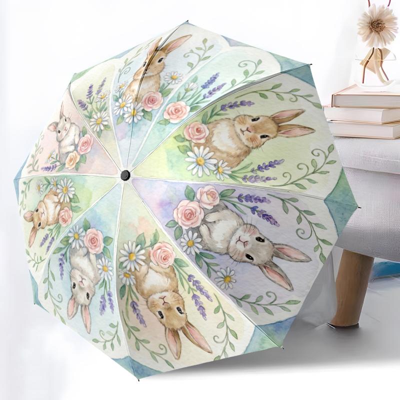 

1pc Sturdy 8-Bone Auto Umbrella, Playful Bunny Rabbit Umbrella, Digital Printed, Foldable Umbrella for On-the-Go Outdoor Use