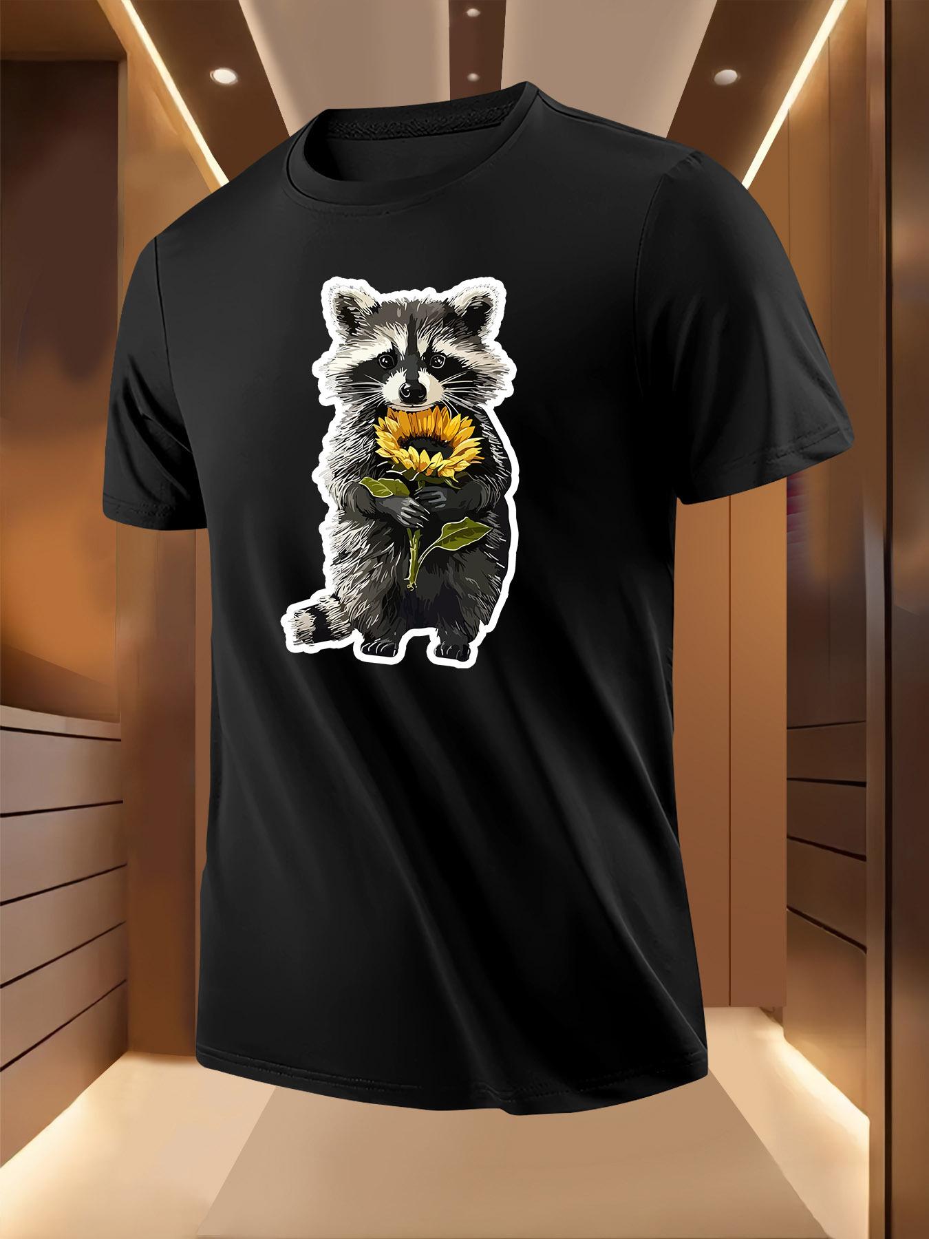 Raccoon with Sunflower Print Tshirt - Black Short Sleeve S