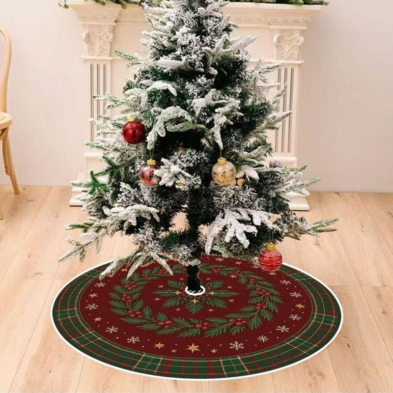VIKAMA Christmas Tree Skirt Plaid Holly Berry Print Round Xmas Tree Mat Vintage Farmhouse Christmas Indoor Home Party Decor Rug