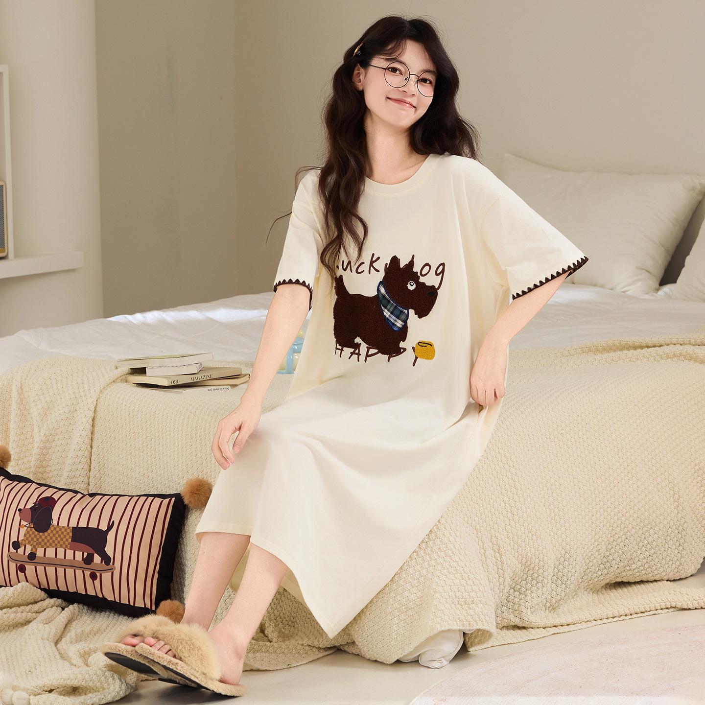 

7A Women s Antibacterial Plus Size Cotton Nightgown: Summer Thin, Cooling, Pure Cotton, Round Neck, Short Sleeve, Long, Casual Homewear. XL for 60-70 kg