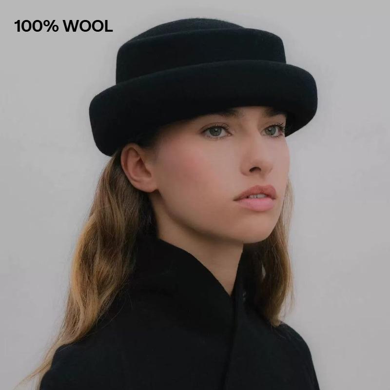 100%Wool British Retro Temperament Felt Beret Women Fashion Round Concave Top Fedoras Lady Painter Hat Elegant Trend Pillbox Hat