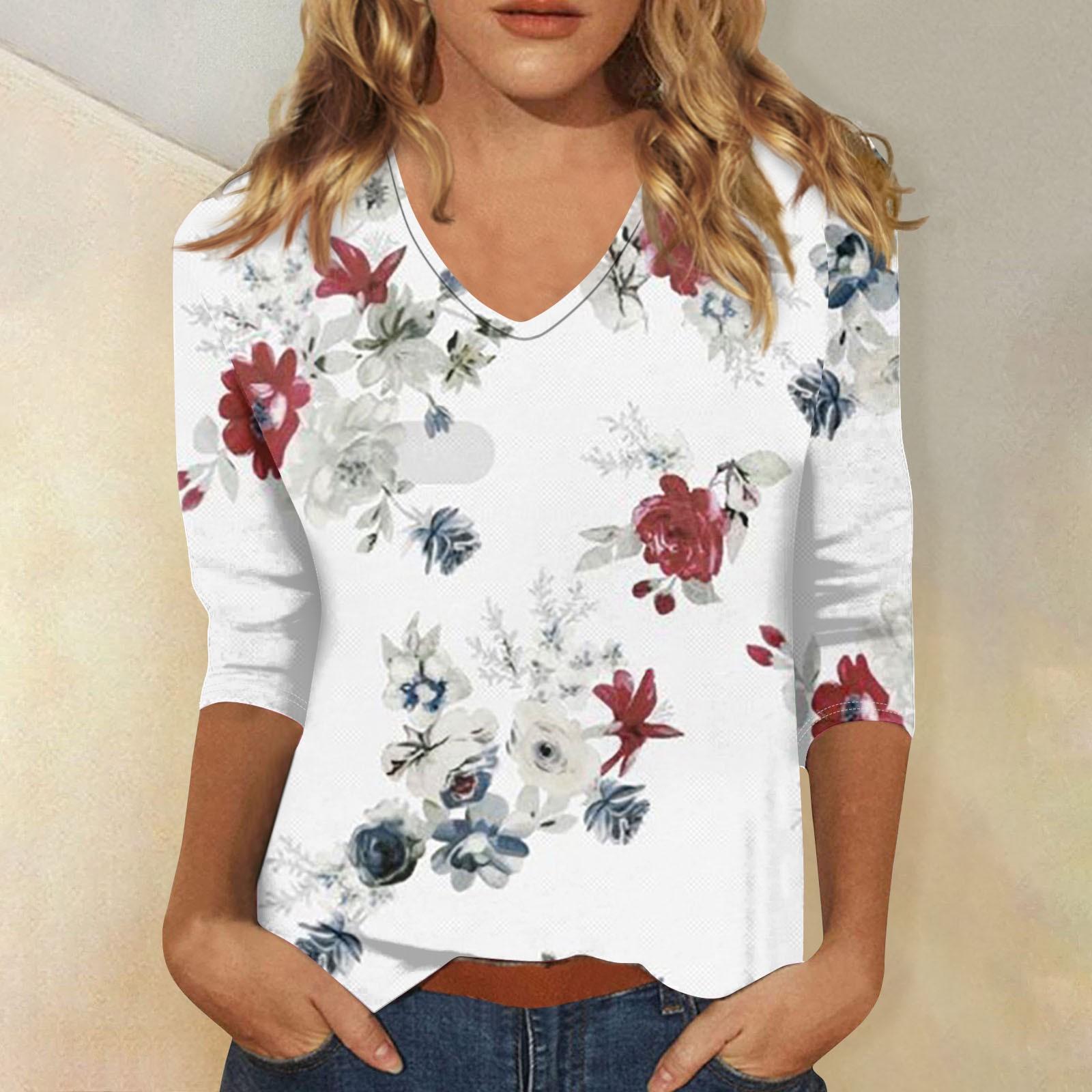 

Women s V-neck 3/4 Sleeve Printed Top Casual Everyday Top S білий