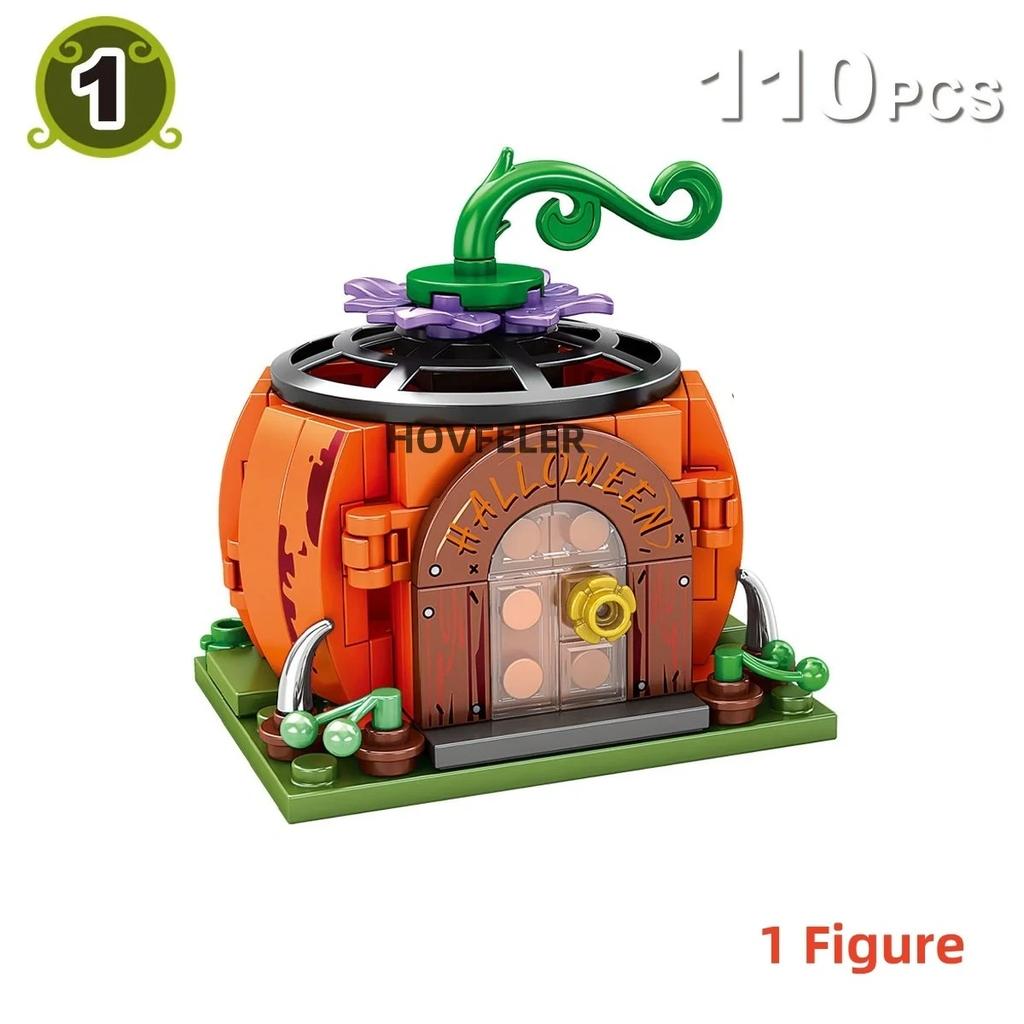 431Pcs 4 In 1 Halloween Pumpkin House Building Blocks City Kid Pumpkin Carriage Model Set Bricks Toys for Children Gift