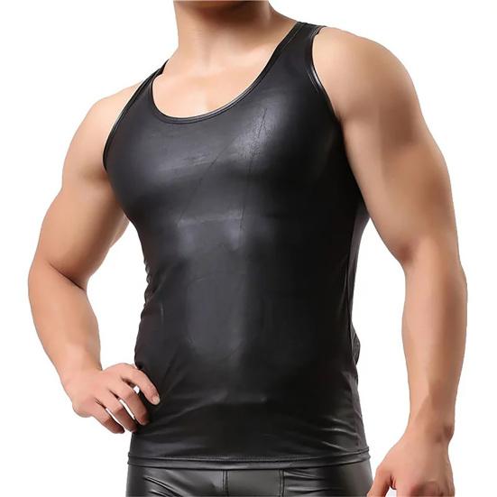 Men Club Vest Solid Color Smooth Surface Slim Fit Sleeveless Round Neck Cooling Breathable Faux Leather Plus Size Club Tank Top Men Clothes