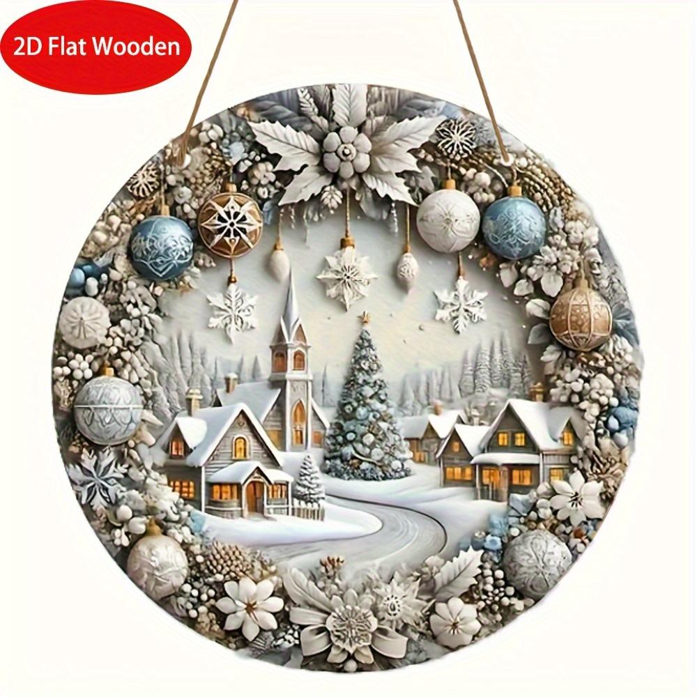 Winter Snow Town Relief Christmas Wreath Wooden Sign For Front Door Wall Hanging Decor