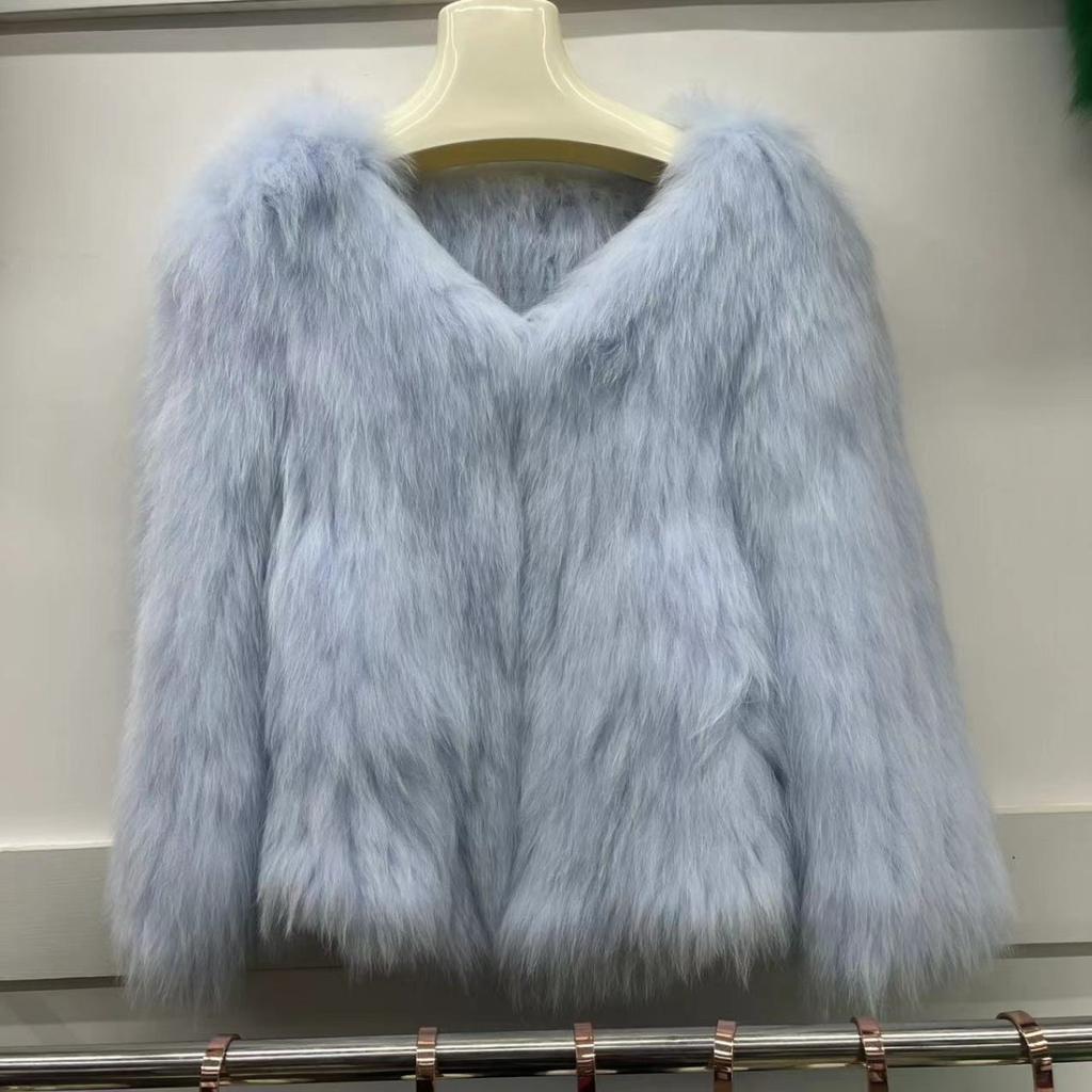 Real Fox Fur Woven Fashion Coat for Women Short Style Long Front and Short Back V-neck Fur Double-sided Young Top
